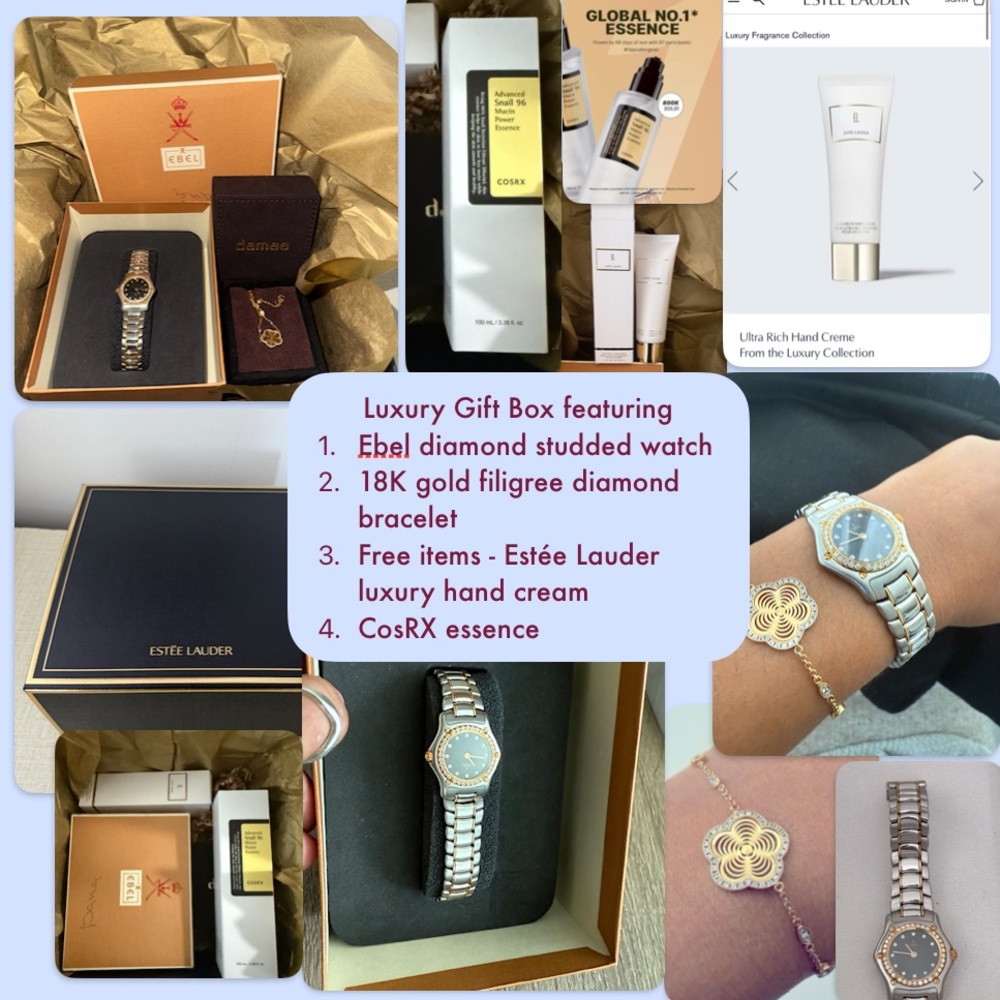 Luxury Solid Gold Gift Set featuring diamond studded watch and 18K gold bracelet